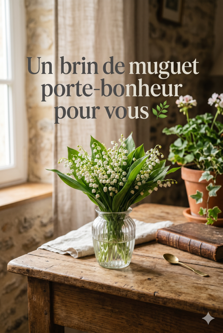 Bouquet de muguet dans un vase en verre sur une table en bois rustique, lumière matinale, style français traditionnel